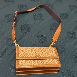 Tory Burch Tan and Cream Logo Jacquard Crossbody with Adjustable Strap